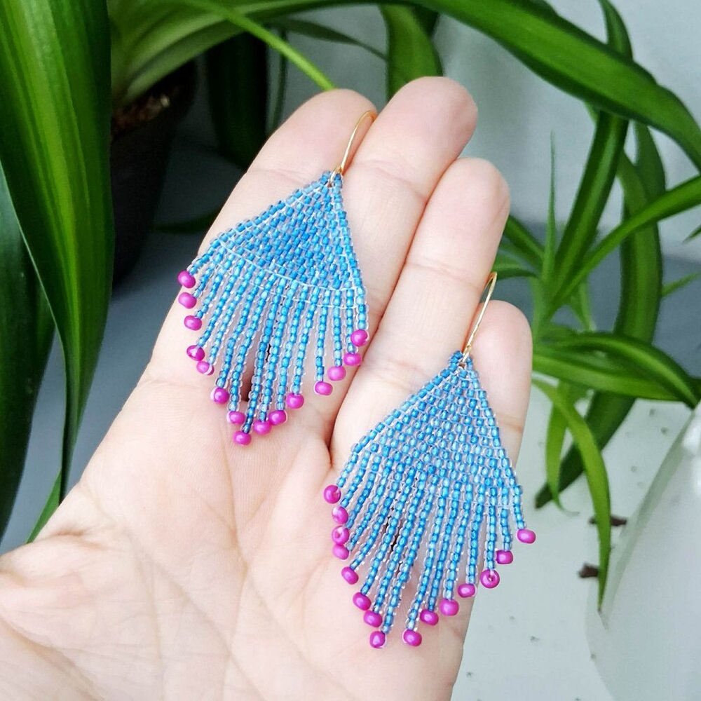 BOGO EARRINGS Blue and pink beaded fringe dangle earrings, 2.75"